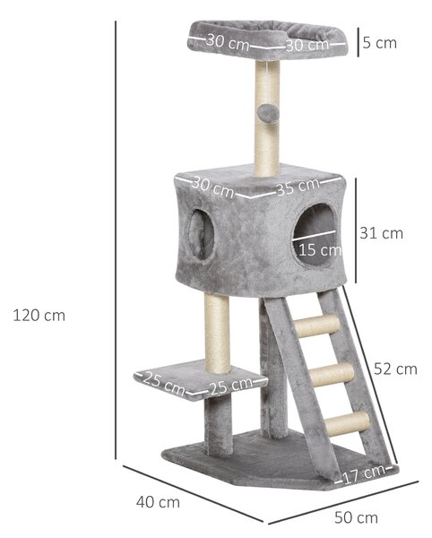 PawHut Tiragraffi Multilivello Palestra per Gatti con Cuccia, Scala e Corde in Sisal, Grigio Chiaro, 50x40x120cm|Aosom