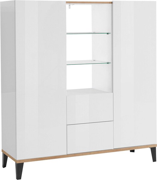 Credenza 2 Ante + 2 Cassetti 120x40x132,5 cm Sunrise Bianco Lucido e Acero Pereira