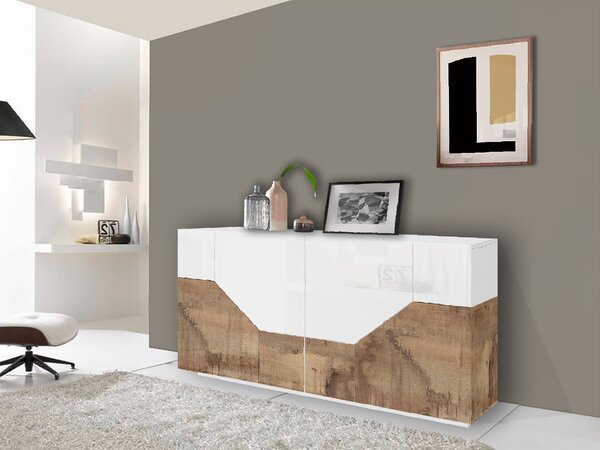 Credenza 4 Ante 220,1x43x86 cm Alien Bianco Lucido e Acero Pereira