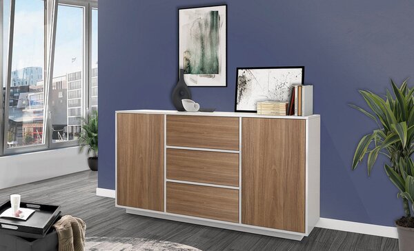 Credenza 2 Ante + 3 Cassetti 160x41,4x86 cm Bloom Bianco Lucido e Noce