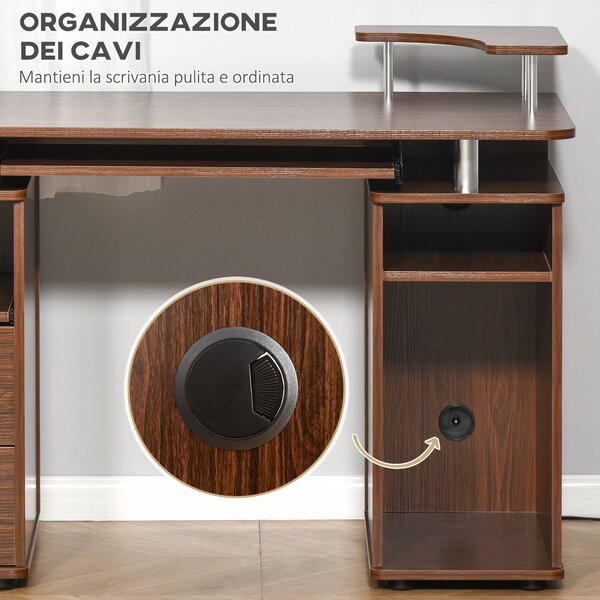 HOMCOM Scrivania Moderna Porta PC in Legno con Cassetti, Mensola Estraibile e Porta Tastiera, 120x55x85cm, Marrone|Aosom