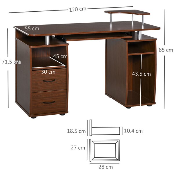 HOMCOM Scrivania Moderna Porta PC in Legno con Cassetti, Mensola Estraibile e Porta Tastiera, 120x55x85cm, Marrone|Aosom