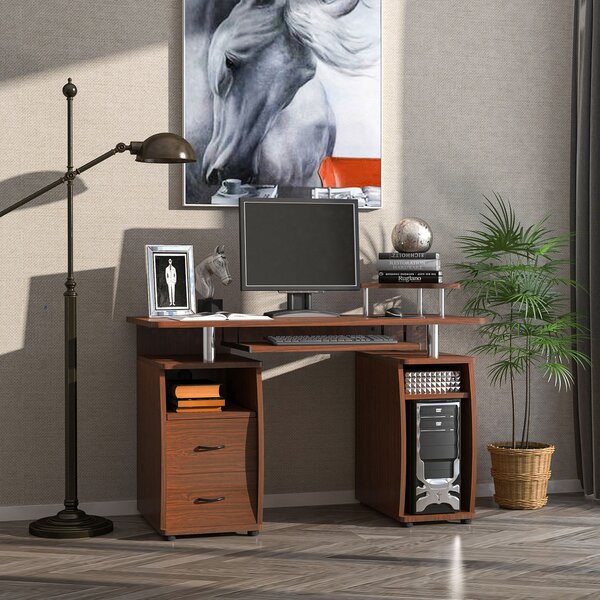 HOMCOM Scrivania Moderna Porta PC in Legno con Cassetti, Mensola Estraibile e Porta Tastiera, 120x55x85cm, Marrone|Aosom