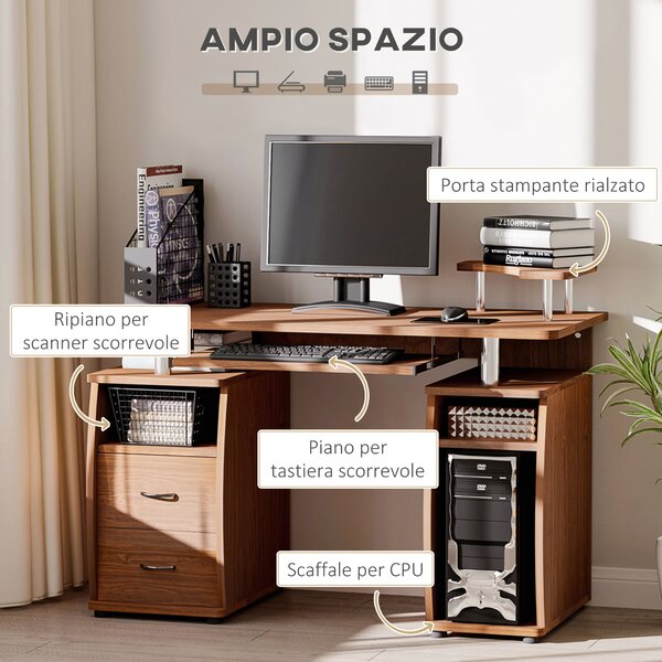 HOMCOM Scrivania Moderna Porta PC in Legno con Cassetti, Mensola Estraibile e Porta Tastiera, 120x55x85cm, Marrone|Aosom