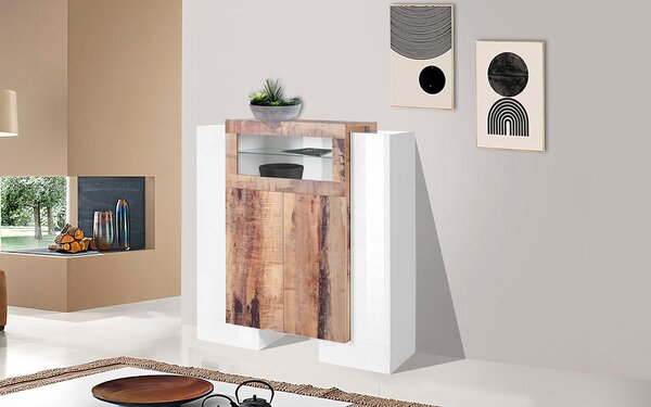 Mobile Vetrina 5 Ante 130x45x135 cm Pillon Bianco Lucido e Acero Pereira