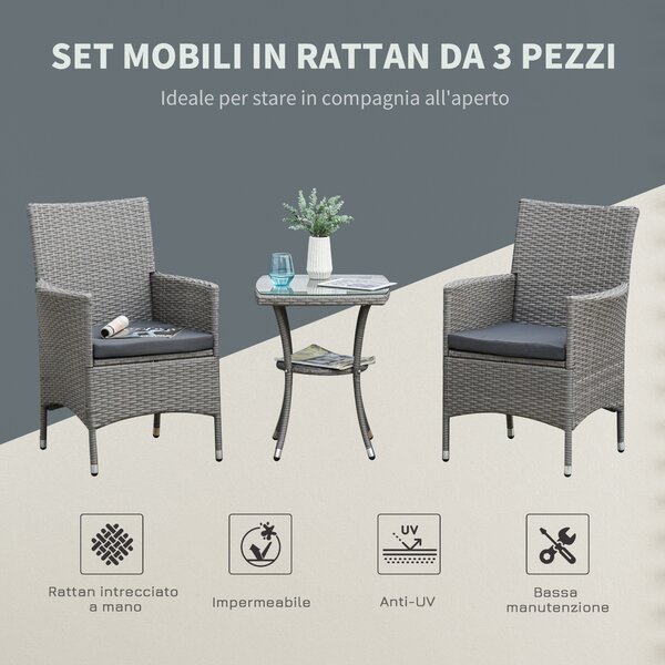 Outsunny Set Tavolino e Sedie da Giardino, Set 3 Pezzi Salotto da Esterno con Poltrone in Rattan Grigio|Aosom