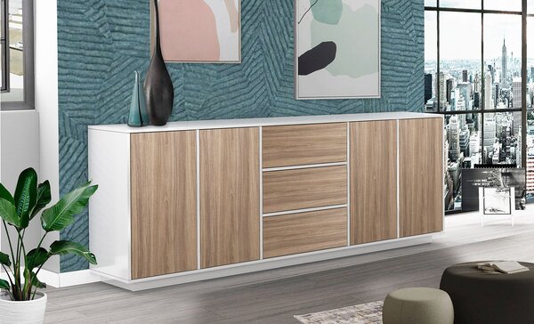 Credenza 4 Ante + 3 Cassetti 220,1x41,4x86 cm Bloom Bianco Lucido e Noce