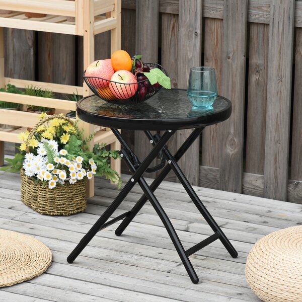 Outsunny Tavolo da Giardino Pieghevole Nero in Metallo con Ripiano in Vetro, Diametro 45x50cm, Blocco di Sicurezza|Aosom