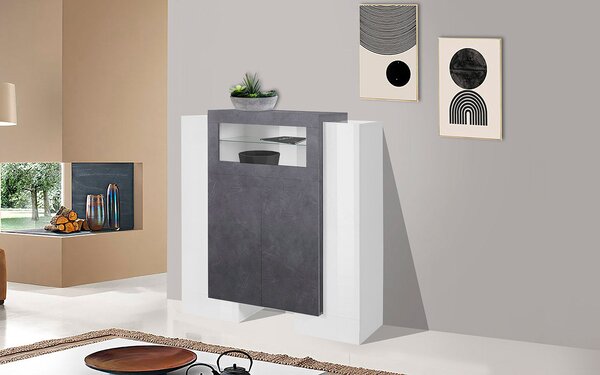 Mobile Vetrina 5 Ante 130x45x135 cm Pillon Bianco Lucido e Ardesia