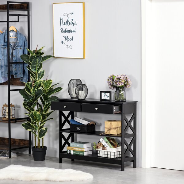 HOMCOM Tavolo Consolle con 2 Cassetti e 2 Mensole, Mobile da Ingresso e Soggiorno in MDF, 100x30.5x80cm, Nero