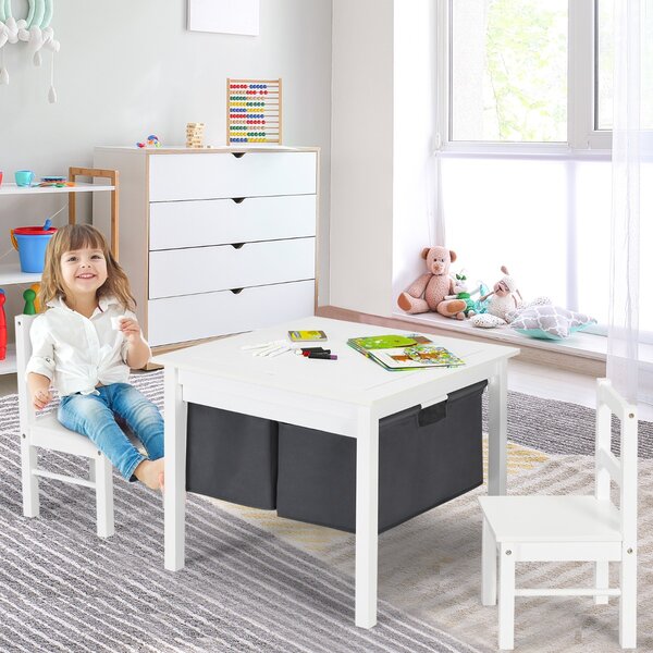Costway Tavolo attività per bambini e 2 sedie con contenitore, Tavolo da costruzione a doppia faccia 2 cassetti Bianco