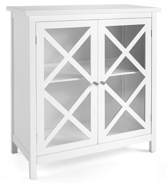 Costway Mobile da cucina indipendente con 2 ante in vetro e ripiano regolabile, Credenza espositiva Bianco
