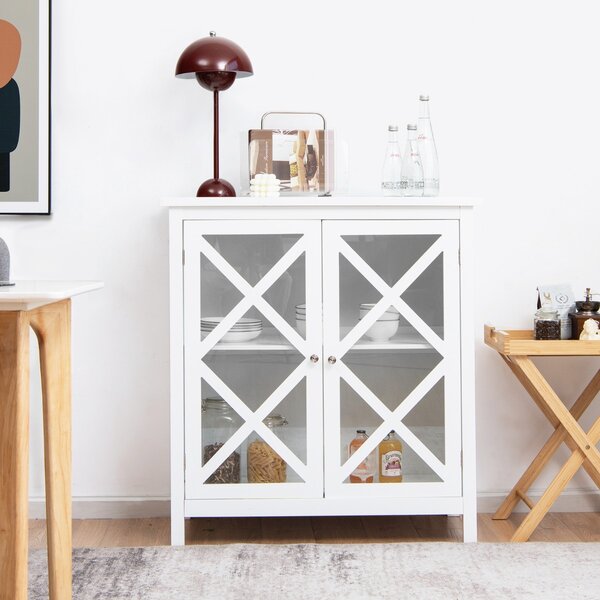 Costway Mobile da cucina indipendente con 2 ante in vetro e ripiano regolabile, Credenza espositiva Bianco