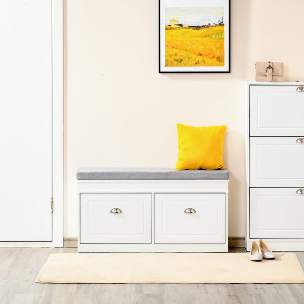 HOMCOM Panca Scarpiera Salvaspazio in Legno con Cuscino, 2 Cassetti con Mensola Regolabile per 8 Scarpe, 104x24x55cm, Bianco|Aosom