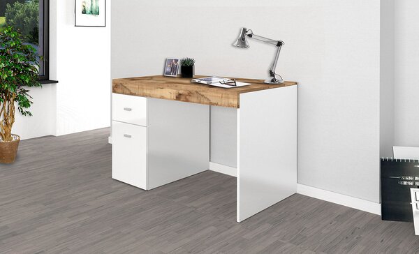 Scrivania 1 Anta 1 Cassetto 100x60x75 cm Sliding Bianco Lucido e Acero Pereira