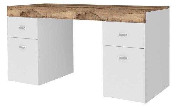 Scrivania 2 Ante 2 Cassetti 130x60x75 cm Sliding Bianco Lucido e Acero Pereira