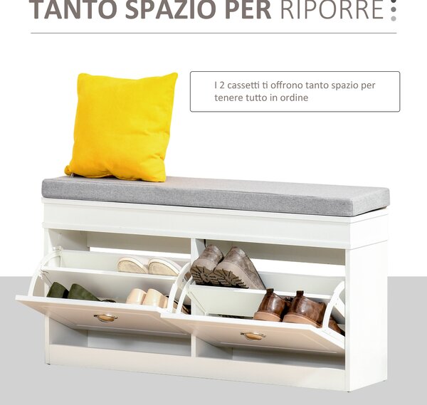 HOMCOM Panca Scarpiera Salvaspazio in Legno con Cuscino, 2 Cassetti con Mensola Regolabile per 8 Scarpe, 104x24x55cm, Bianco|Aosom