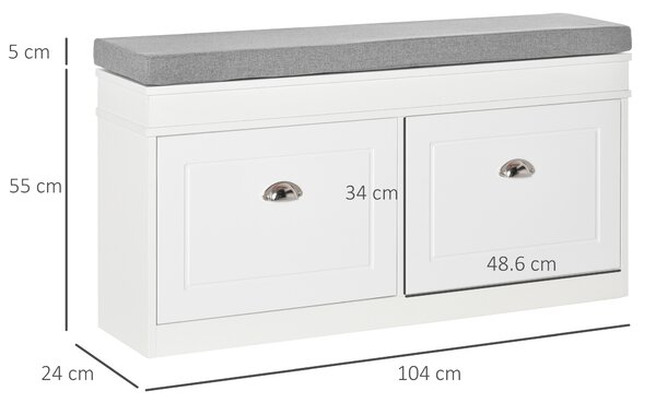 HOMCOM Panca Scarpiera Salvaspazio in Legno con Cuscino, 2 Cassetti con Mensola Regolabile per 8 Scarpe, 104x24x55cm, Bianco|Aosom