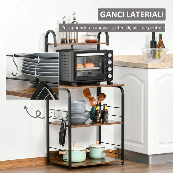 HOMCOM Mobiletto per Microonde a 4 Ripiani e 4 Ganci, Mobile Cucina in Acciaio e Legno 60x40x125cm, Marrone Rustico|Aosom