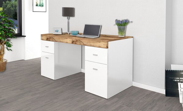 Scrivania 2 Ante 2 Cassetti 130x60x75 cm Sliding Bianco Lucido e Acero Pereira