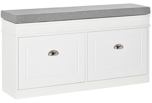 HOMCOM Panca Scarpiera Salvaspazio in Legno con Cuscino, 2 Cassetti con Mensola Regolabile per 8 Scarpe, 104x24x55cm, Bianco|Aosom