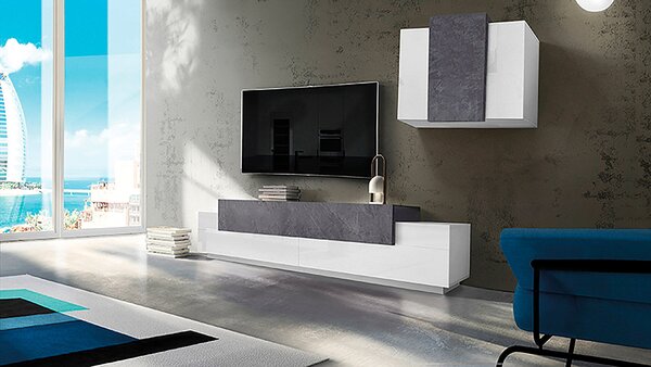 Parete Attrezzata Soggiorno Porta TV 240x45x51,6 cm con Pensile Coro Bianco Lucido e Ardesia