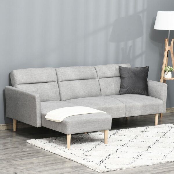 HOMCOM Divano Letto con Penisola in Tessuto Effetto Lino 3 Posti con Schienale Reclinabile e Gambe in Legno, 207x146x80cm, Grigio|Aosom