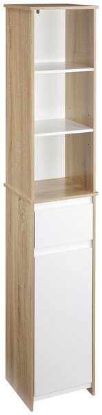 Kleankin Mobile Colonna Bagno con Armadietto, Cassetto e 3 Ripiani Aperti, in Legno, 32.6x30x171.2cm, Bianco|Aosom