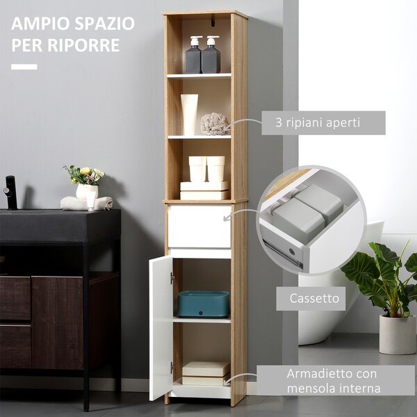 Kleankin Mobile Colonna Bagno con Armadietto, Cassetto e 3 Ripiani Aperti, in Legno, 32.6x30x171.2cm, Bianco|Aosom