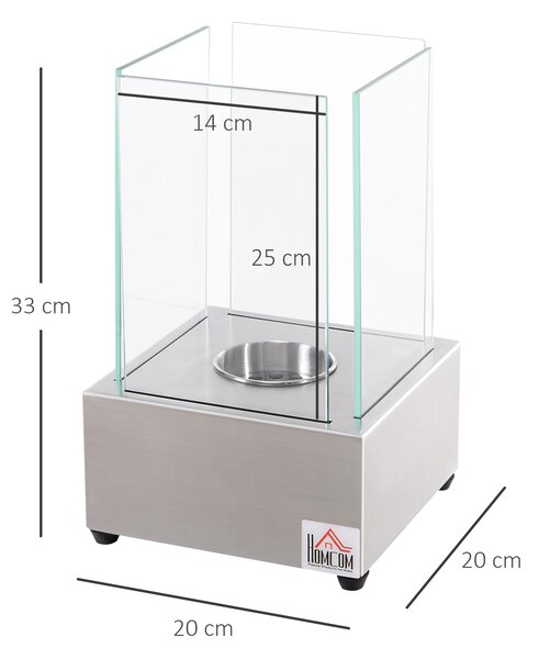 HOMCOM Camino a Bioetanolo da Tavolo con Bruciatore da 0.4L, Biocamino in Acciaio e Vetro per Interni ed Esterni, 20x20x33cm, Argento|Aosom