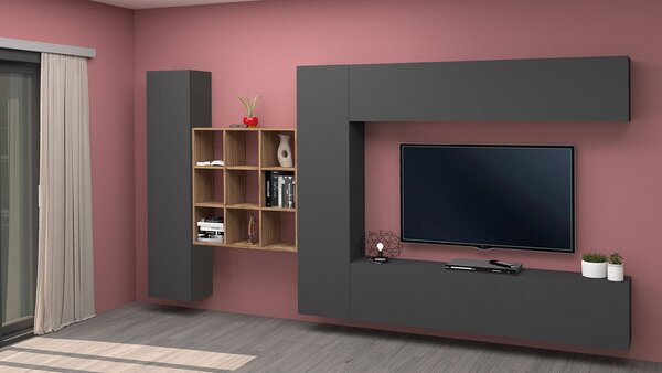 Parete Attrezzata Soggiorno 350x30x180 cm Maruska n°29 Grigio Antracite Opaco