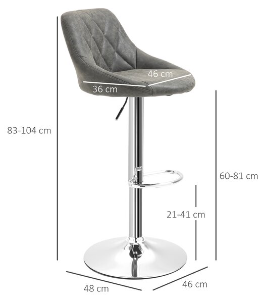 HOMCOM Set 2 Sgabelli da Bar con Schienale e Altezza Regolabile, Sgabelli Bar Design in PU e Base in Metallo, 46x48x83-104cm, Grigio | Aosom Italy