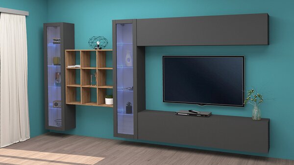 Parete Attrezzata Soggiorno 350x30x180 cm Maruska n°26 Grigio Antracite Opaco