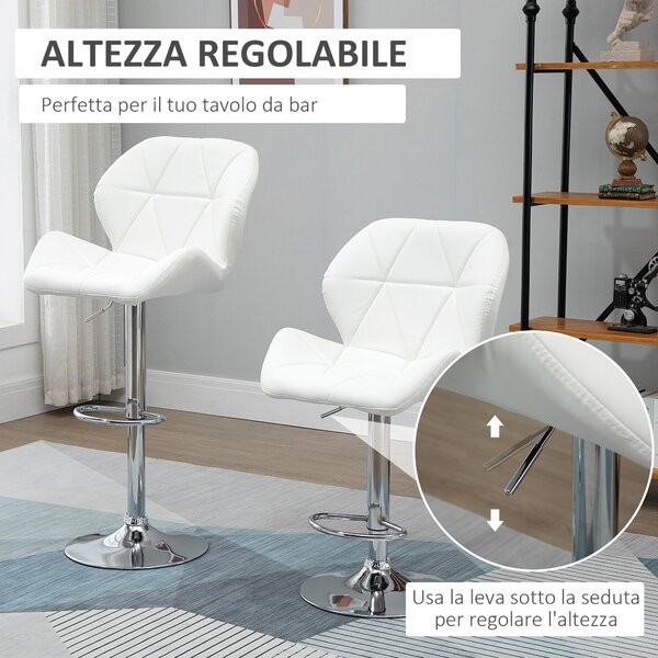 HOMCOM Set 2 Sgabelli da Bar Girevoli con Altezza Regolabile, Rivestimento Similpelle e Base Rotonda, 51.5x57.5x93-114.5cm, Bianco|Aosom