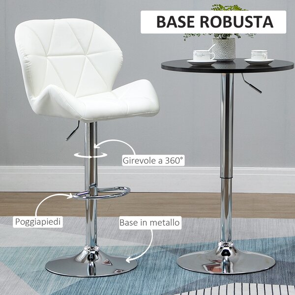HOMCOM Set 2 Sgabelli da Bar Girevoli con Altezza Regolabile, Rivestimento Similpelle e Base Rotonda, 51.5x57.5x93-114.5cm, Bianco|Aosom