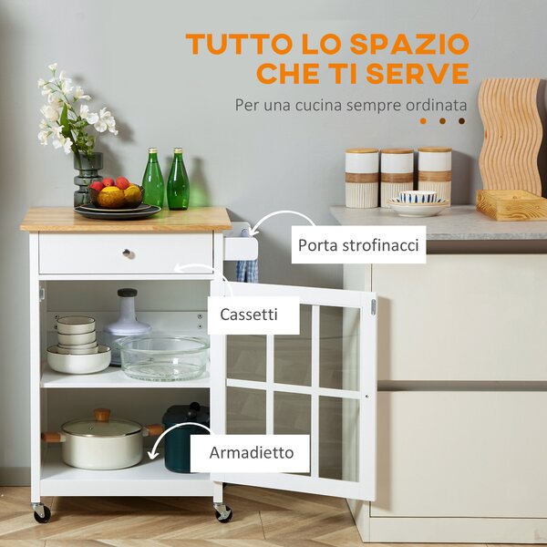 HOMCOM Carrello da Cucina Multiuso con Cassetto, Armadietto e 4 Ruote, in Legno Bianco, 67x48x86.5cm|Aosom