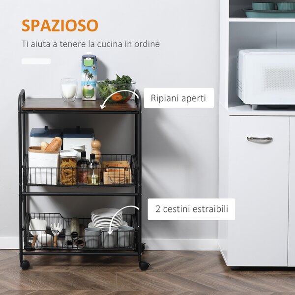 HOMCOM Carrello Cucina Stile Industriale, 4 Ruote, 2 Cestini, 4 Ganci, 60x38x85.5cm, Marrone Nero - Design Moderno|Aosom