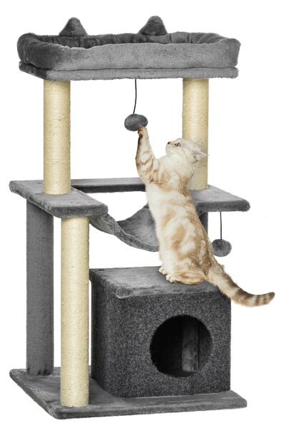 PawHut Albero Tiragraffi con Corde Sisal, Casetta e Amaca, Rivestimento Peluche e Feltro, Altezza 100cm, Grigio|Aosom