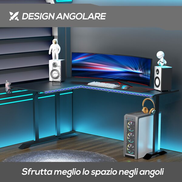 HOMCOM Scrivania Angolare per Gaming e Ufficio con Gancio per Cuffie, Porta Tazza, Supporto Gamepad e Tappetino, Nero