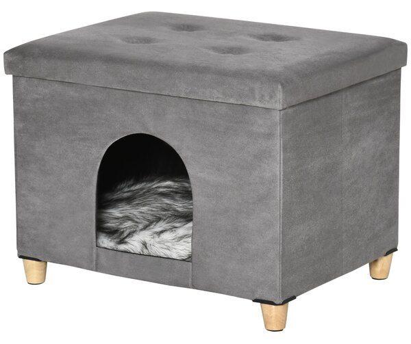 Casetta per Gatti Pouf Poggiapiedi Imbottito 60x45x44,5 cm con Cuscino Rimovibile e Lavabile Grigio