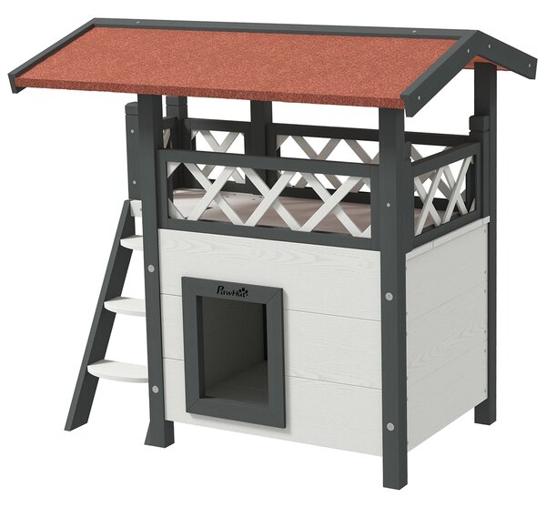 Casetta per Gatti da Esterno con Terrazza e Scaletta 77x50x73 cm in Legno Bianco e Grigio