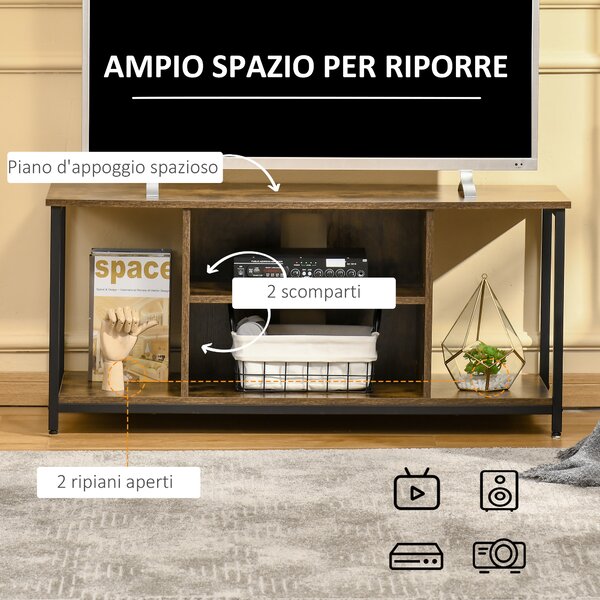 HOMCOM Mobile Porta TV fino a 55'' con 4 Ripiani Aperti, Design Industriale, in Legno e Acciaio, 110x40x50cm, Marrone Rustico | Aosom