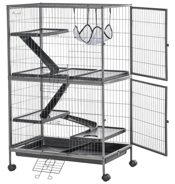 Gabbia per Conigli a 5 Livelli con 4 Ingressi e Amaca 80x52x128 cm in Metallo e PP Argento e Nero