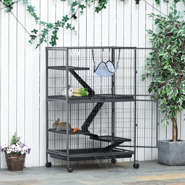 Gabbia per Conigli a 5 Livelli con 4 Ingressi e Amaca 80x52x128 cm in Metallo e PP Argento e Nero