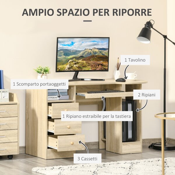 HOMCOM Scrivania da PC con 3 Cassetti e 2 Ripiani Regolabili in Legno, per Ufficio e Camera, Color Legno, 125x60x74cm | Aosom
