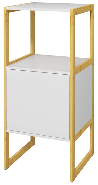 Mobile Bagno con Ripiano Aperto e Anta con Apertura a Pressione 33x33x80 cm in Bambù e MDF Bianco