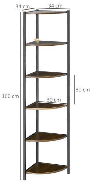 HOMCOM Libreria Moderna Angolare a 6 Ripiani in Metallo e MDF, 34x34x166cm, Marrone e Nero|Aosom