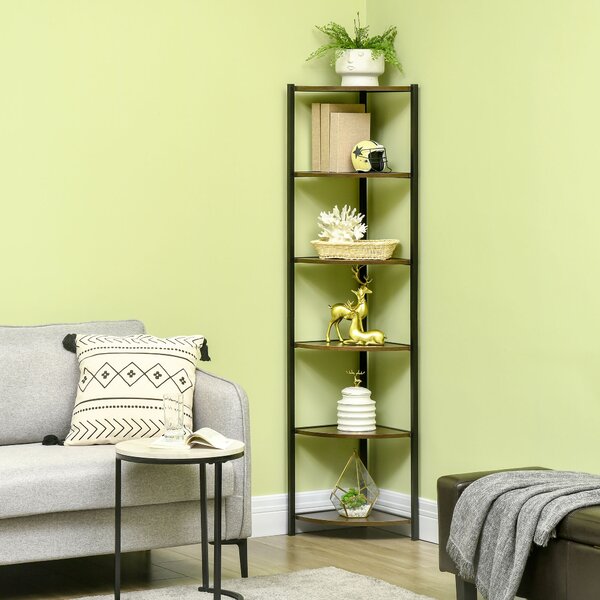 HOMCOM Libreria Moderna Angolare a 6 Ripiani in Metallo e MDF, 34x34x166cm, Marrone e Nero|Aosom