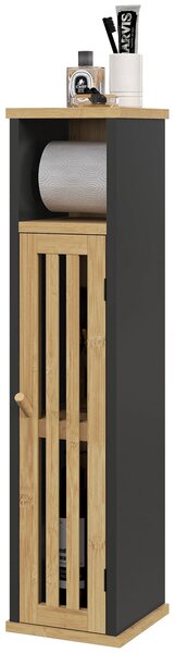 Mobiletto Bagno con Ripiano Aperto e Armadietto 18x18x75 cm in Bambù e MDF Nero e Color Legno