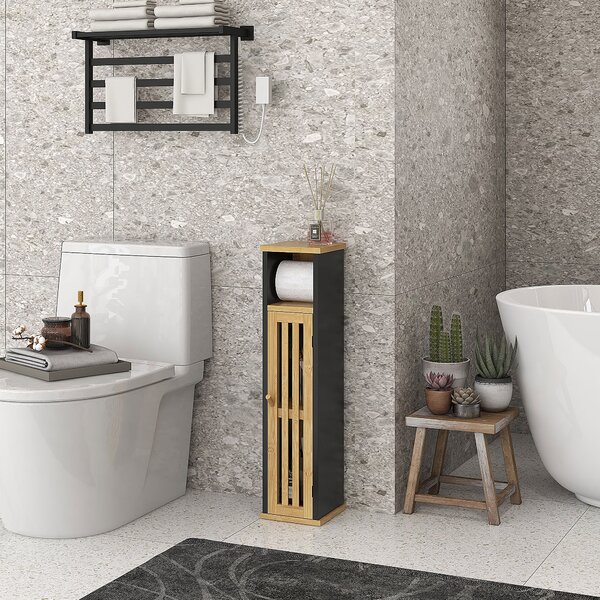 Mobiletto Bagno con Ripiano Aperto e Armadietto 18x18x75 cm in Bambù e MDF Nero e Color Legno